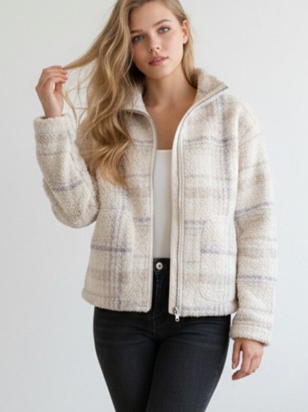 Workshop Republic Clothing Cream Plaid Sherpa Zip Jacket NWT